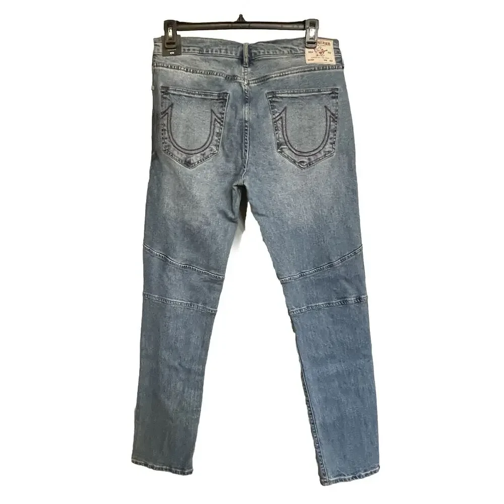 True Religion Rocco Jeans Moto Ribbed Denim‎ Relaxed Skinny Mens 34x32 New